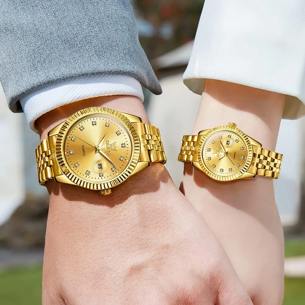Business Dress Luxury His solar and Hers Wristwatch Waterproof Casual Stainless Steel Lovers Wedding Romantic Watches OLEVS Valentines Couple Pair Quartz Watches Luminous Calendar Date 