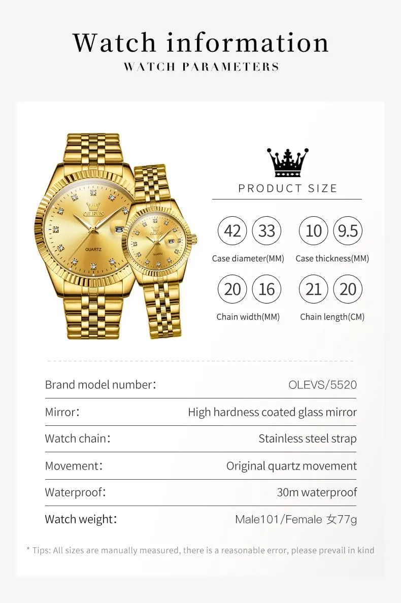 Business Dress Luxury His solar and Hers Wristwatch Waterproof Casual Stainless Steel Lovers Wedding Romantic Watches OLEVS Valentines Couple Pair Quartz Watches Luminous Calendar Date 