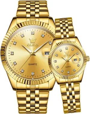 Business Dress Luxury His solar and Hers Wristwatch Waterproof Casual Stainless Steel Lovers Wedding Romantic Watches OLEVS Valentines Couple Pair Quartz Watches Luminous Calendar Date 