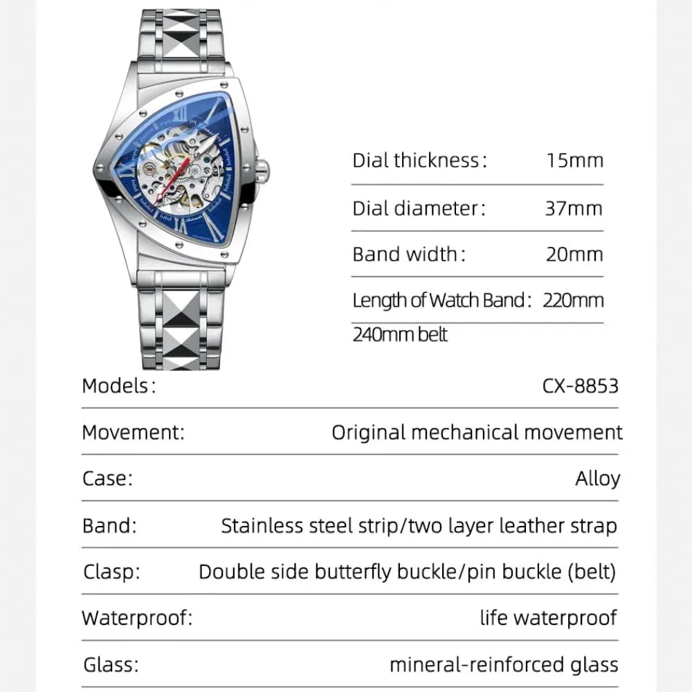 Business multipurpose causal Wristwatch Irregular Fashion Triangle Skeleton Men's Automatic Mechanical Watches Unique Luxury Stainless Steel Watch Waterproof Luminous 