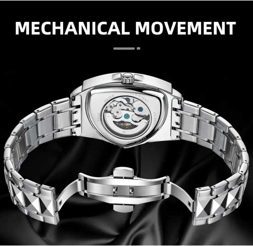 Business multipurpose causal Wristwatch Irregular Fashion Triangle Skeleton Men's Automatic Mechanical Watches Unique Luxury Stainless Steel Watch Waterproof Luminous 