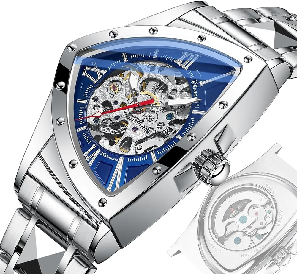 Business multipurpose causal Wristwatch Irregular Fashion Triangle Skeleton Men's Automatic Mechanical Watches Unique Luxury Stainless Steel Watch Waterproof Luminous 