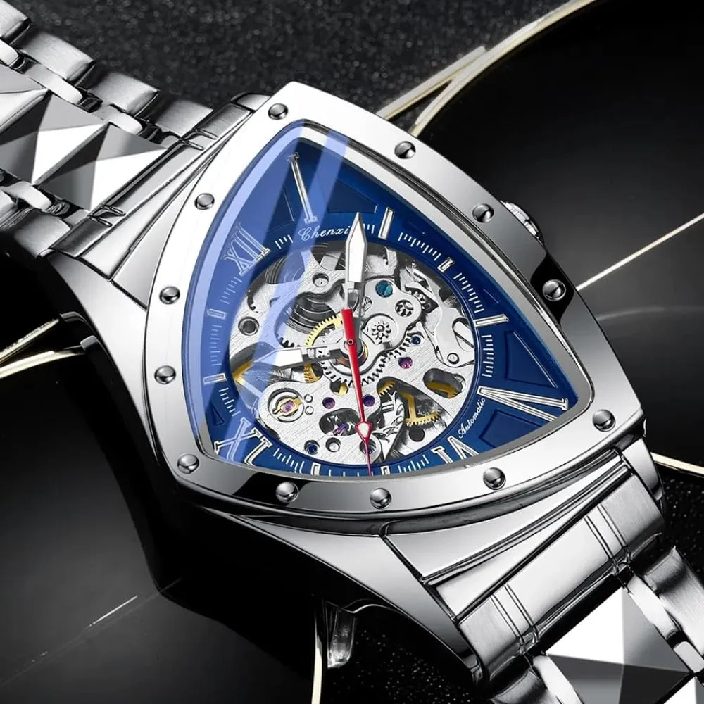 Business multipurpose causal Wristwatch Irregular Fashion Triangle Skeleton Men's Automatic Mechanical Watches Unique Luxury Stainless Steel Watch Waterproof Luminous 