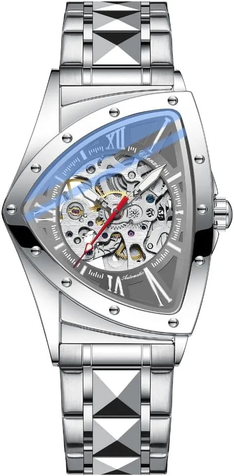 Business multipurpose causal Wristwatch Irregular Fashion Triangle Skeleton Men's Automatic Mechanical Watches Unique Luxury Stainless Steel Watch Waterproof Luminous 