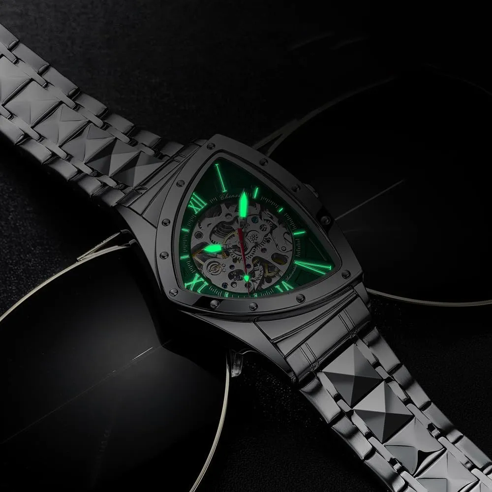 Business multipurpose causal Wristwatch Irregular Fashion Triangle Skeleton Men's Automatic Mechanical Watches Unique Luxury Stainless Steel Watch Waterproof Luminous 