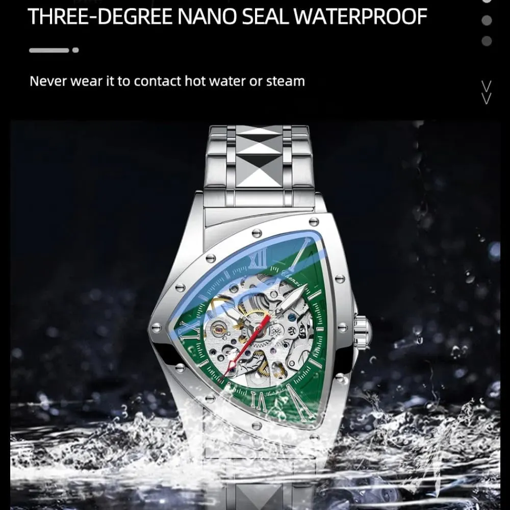 Business multipurpose causal Wristwatch Irregular Fashion Triangle Skeleton Men's Automatic Mechanical Watches Unique Luxury Stainless Steel Watch Waterproof Luminous 