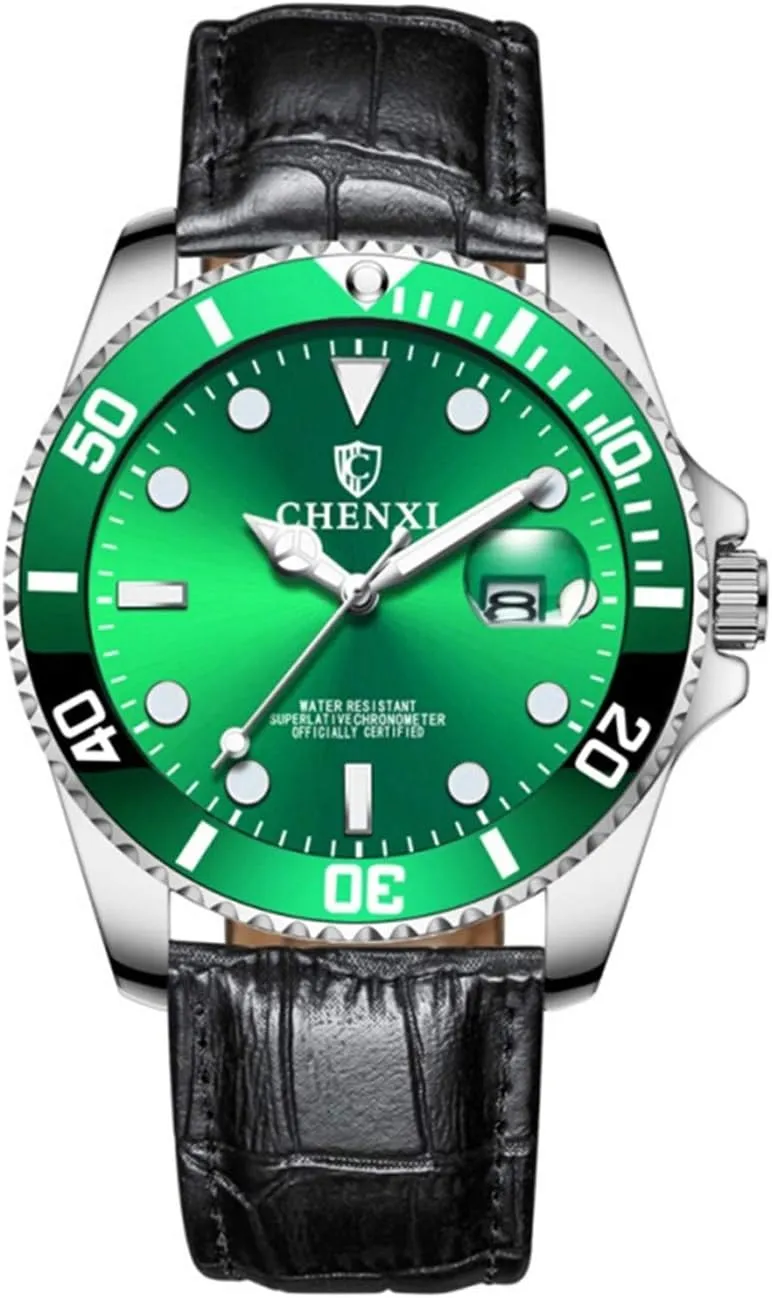 Business Sport Luxury Calendar evaluate Waterproof Luminous Leather Watch (Leather Men Black Green) MASTOP Couples Watch Men Women Quartz 