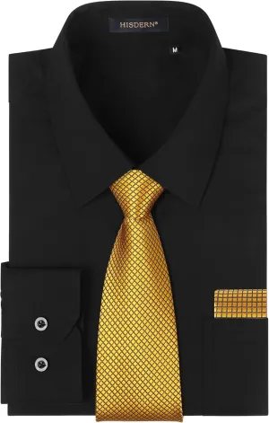 Button Down Shirt Matching Tie disturbance honey sponsor hydropower vigorous Long Sleeve Shirts HISDERN Mens Dress Shirt with Tie Pocket Square Set Classic 