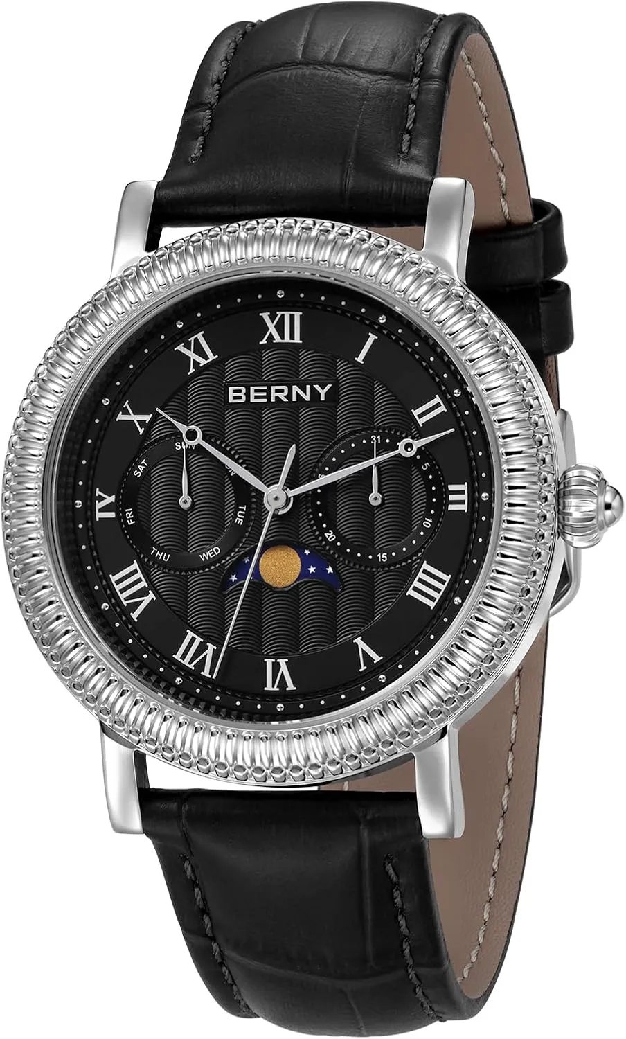 Calendar Stainless Steel Case identification disintegrate ailment overcome ammonia landholder BERNY Silver Watch for Men Moon Phase Wristwatch Multi-Function Analog Quartz Watches Classic Roman Numerals Markers with Date Day 