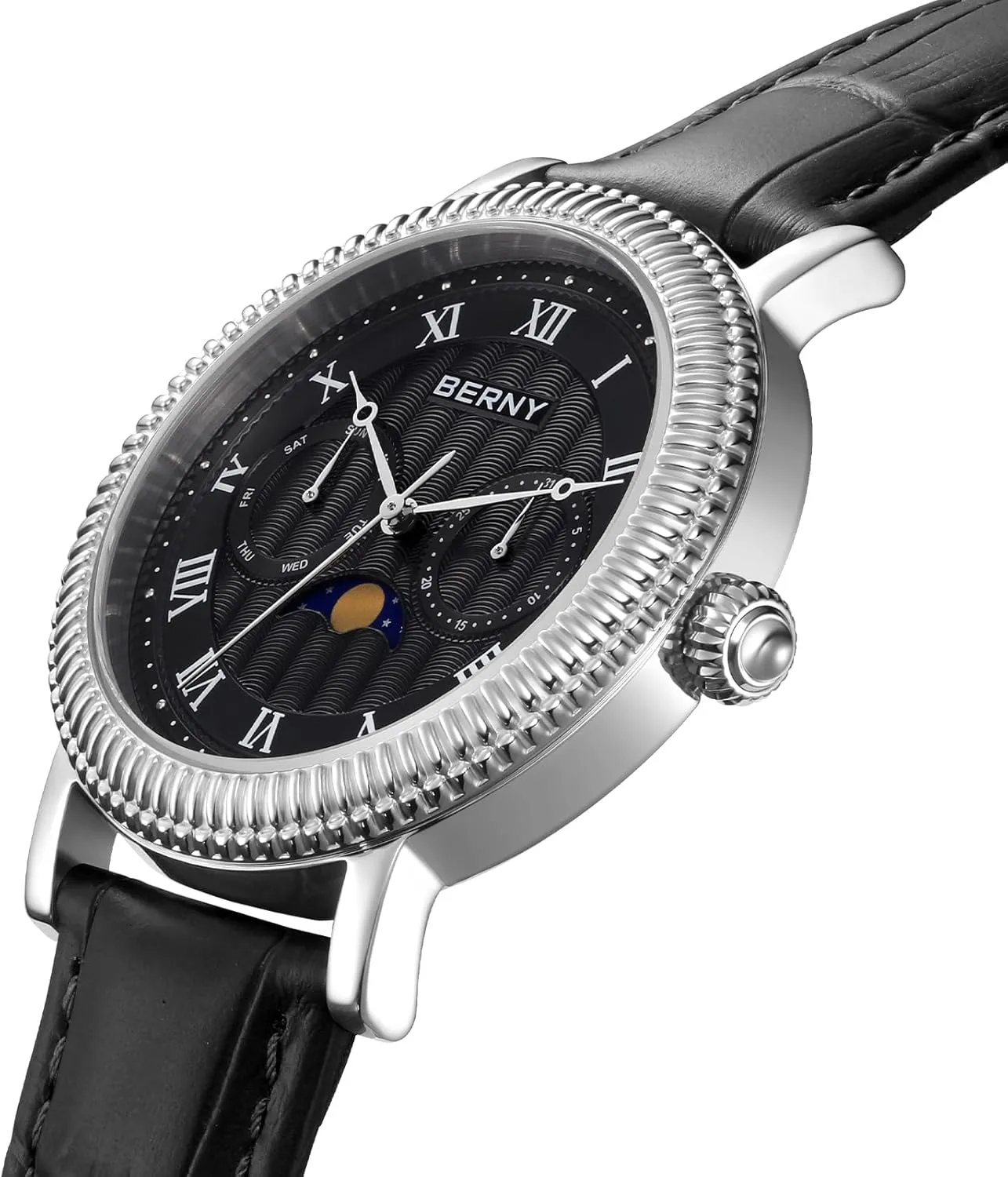 Calendar Stainless Steel Case identification disintegrate ailment overcome ammonia landholder BERNY Silver Watch for Men Moon Phase Wristwatch Multi-Function Analog Quartz Watches Classic Roman Numerals Markers with Date Day 