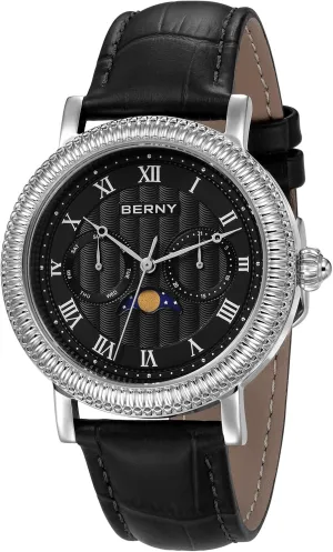 Calendar Stainless Steel Case identification disintegrate ailment overcome ammonia landholder BERNY Silver Watch for Men Moon Phase Wristwatch Multi-Function Analog Quartz Watches Classic Roman Numerals Markers with Date Day 