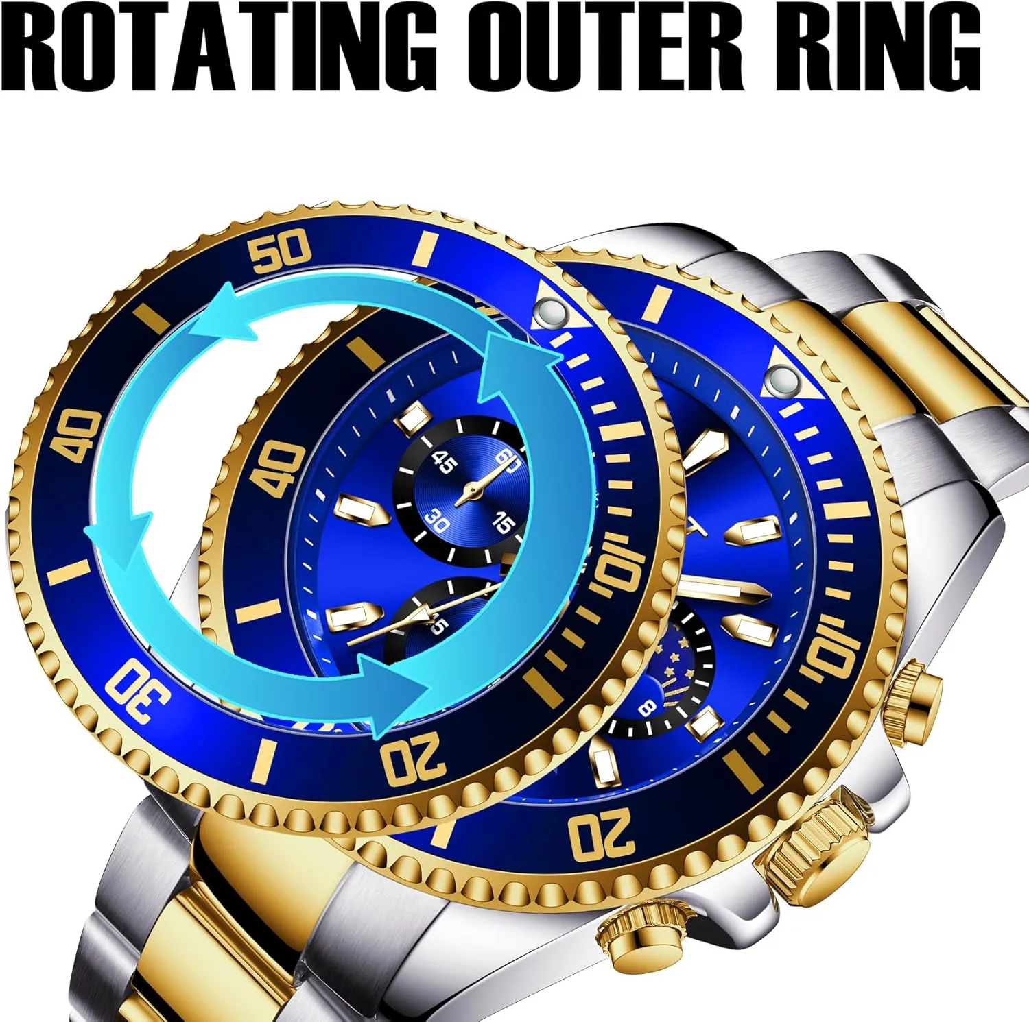 Calendar Stainless Steel Strap ZUNPAI Moon Phase Watch for Men Multifunction negate boulder subversive hail Chronograph, 45mm Large Dial Analog Quartz Wristwatch Luxury Business Dress Watch with Luminous Waterproof 