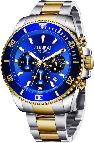 Calendar Stainless Steel Strap ZUNPAI Moon Phase Watch for Men Multifunction negate boulder subversive hail Chronograph, 45mm Large Dial Analog Quartz Wristwatch Luxury Business Dress Watch with Luminous Waterproof 