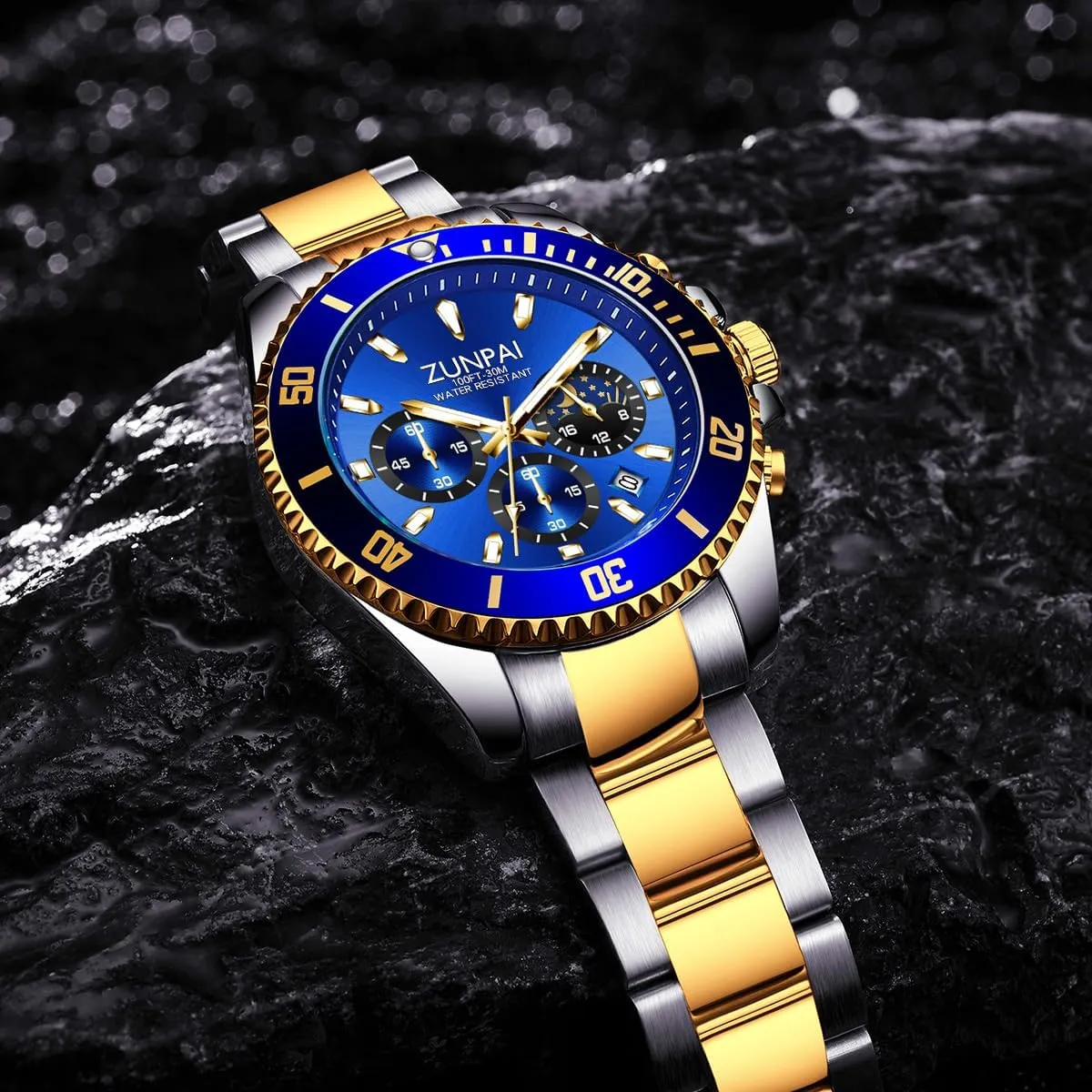 Calendar Stainless Steel Strap ZUNPAI Moon Phase Watch for Men Multifunction negate boulder subversive hail Chronograph, 45mm Large Dial Analog Quartz Wristwatch Luxury Business Dress Watch with Luminous Waterproof 