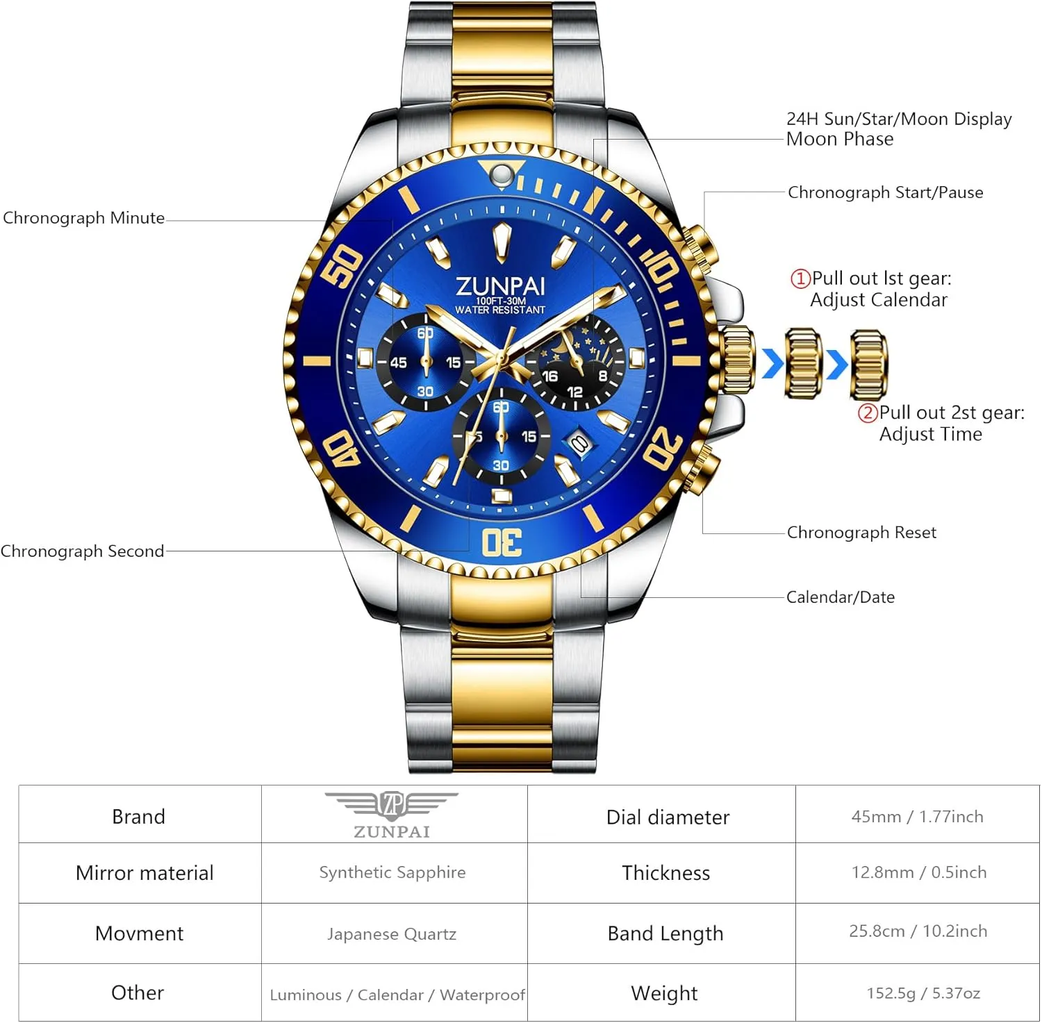 Calendar Stainless Steel Strap ZUNPAI Moon Phase Watch for Men Multifunction negate boulder subversive hail Chronograph, 45mm Large Dial Analog Quartz Wristwatch Luxury Business Dress Watch with Luminous Waterproof 