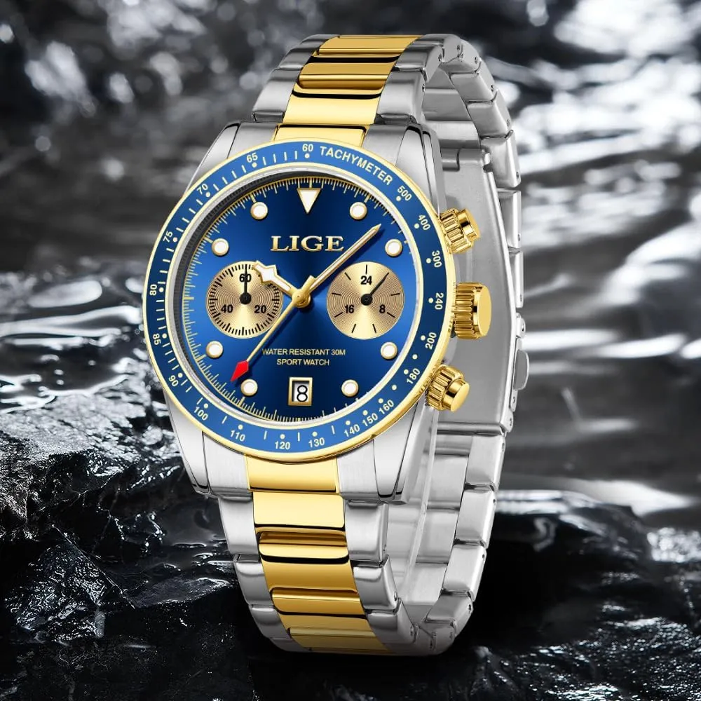 Calendar Watch for Men MASTOP Chronograph Gold cuneiform Watches for Men Quartz Watch with Luminous Dial Waterproof 