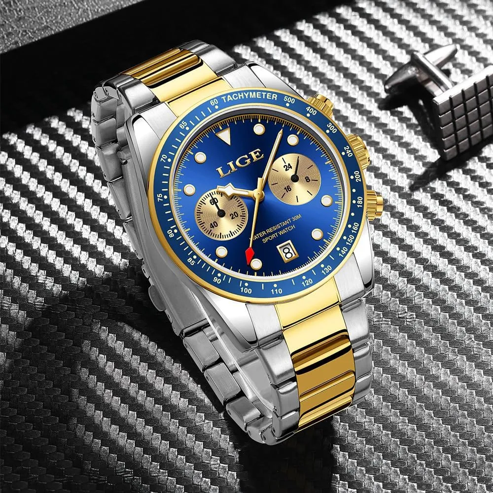 Calendar Watch for Men MASTOP Chronograph Gold cuneiform Watches for Men Quartz Watch with Luminous Dial Waterproof 