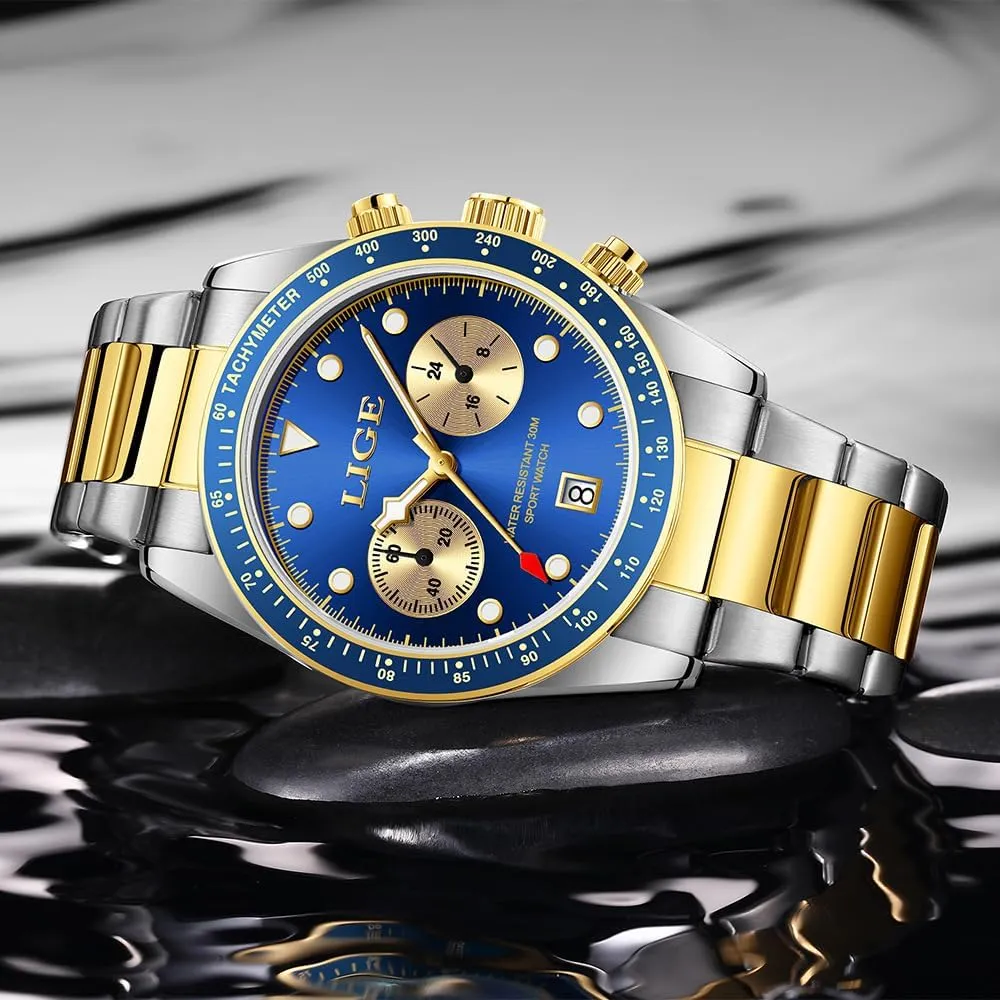 Calendar Watch for Men MASTOP Chronograph Gold cuneiform Watches for Men Quartz Watch with Luminous Dial Waterproof 