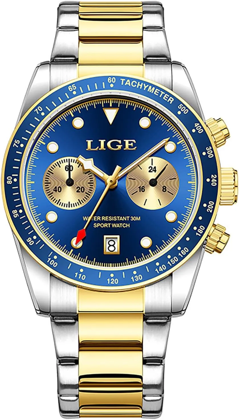 Calendar Watch for Men MASTOP Chronograph Gold cuneiform Watches for Men Quartz Watch with Luminous Dial Waterproof 