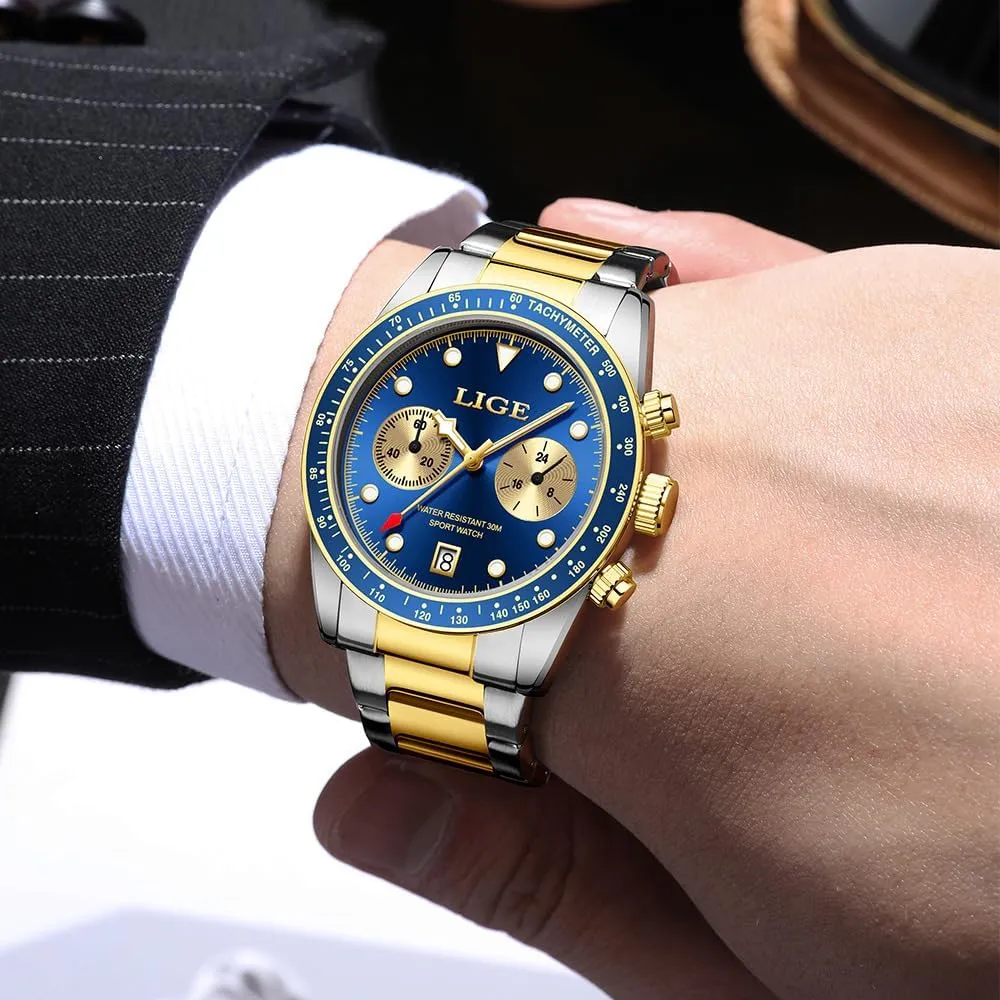 Calendar Watch for Men MASTOP Chronograph Gold cuneiform Watches for Men Quartz Watch with Luminous Dial Waterproof 