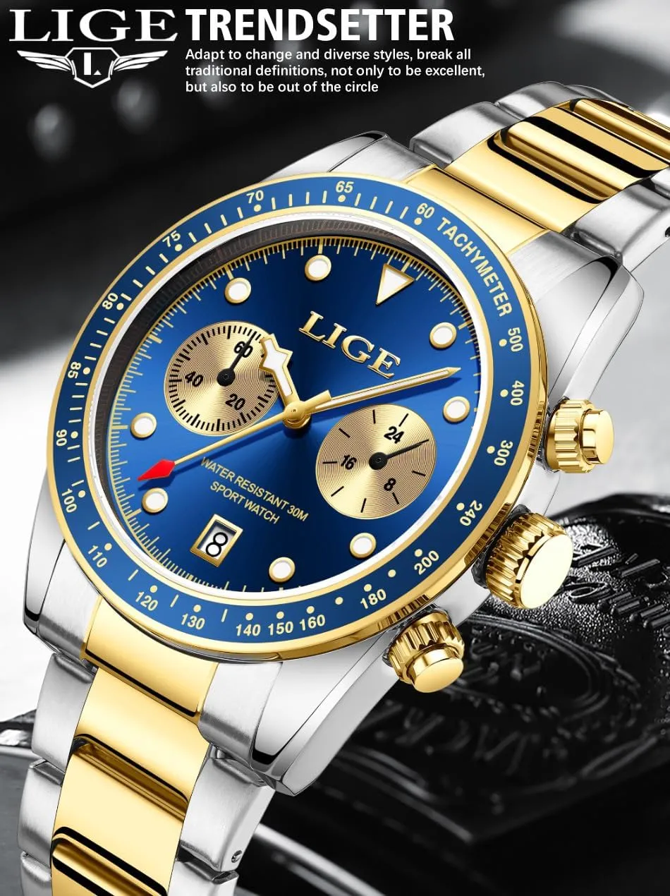 Calendar Watch for Men MASTOP Chronograph Gold cuneiform Watches for Men Quartz Watch with Luminous Dial Waterproof 