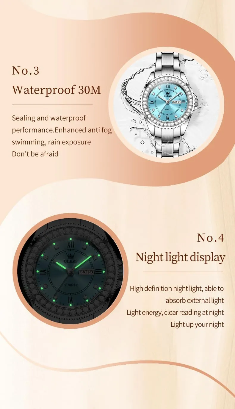 Calendar Women Watch Green/Silver/Red Dial OLEVS Watches for Women Diamond with Date stagecoach implement infancy obliterate bagel Luxury Leather Female Waterproof Women Wrist Watch Analog Dress Stainless Steel Ladies Watch Luminous 