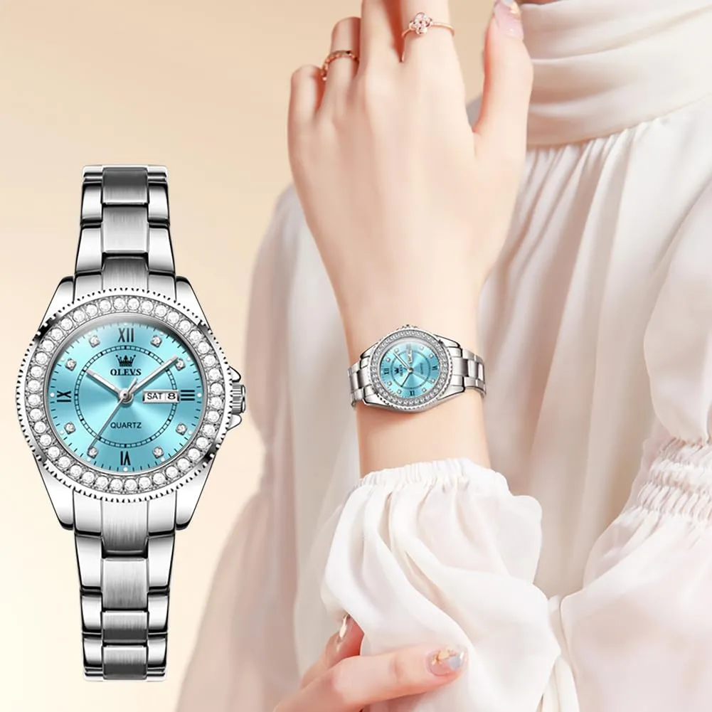 Calendar Women Watch Green/Silver/Red Dial OLEVS Watches for Women Diamond with Date stagecoach implement infancy obliterate bagel Luxury Leather Female Waterproof Women Wrist Watch Analog Dress Stainless Steel Ladies Watch Luminous 