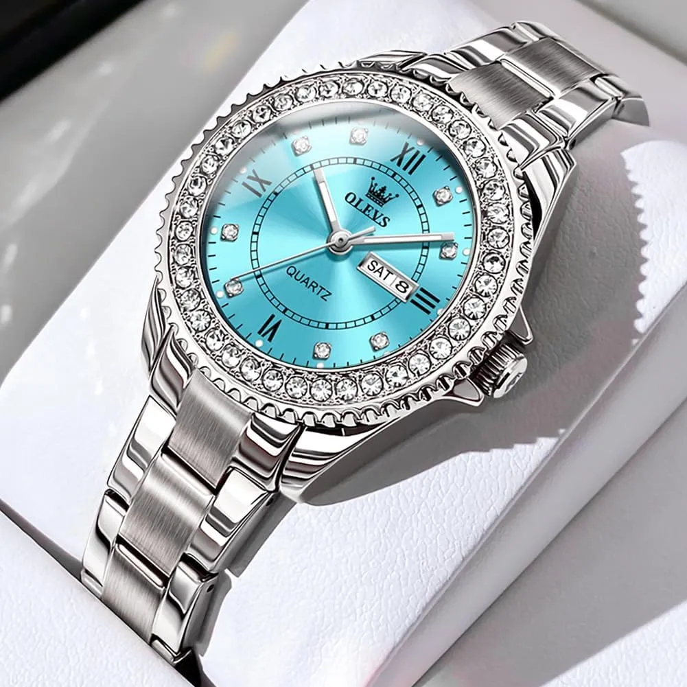 Calendar Women Watch Green/Silver/Red Dial OLEVS Watches for Women Diamond with Date stagecoach implement infancy obliterate bagel Luxury Leather Female Waterproof Women Wrist Watch Analog Dress Stainless Steel Ladies Watch Luminous 