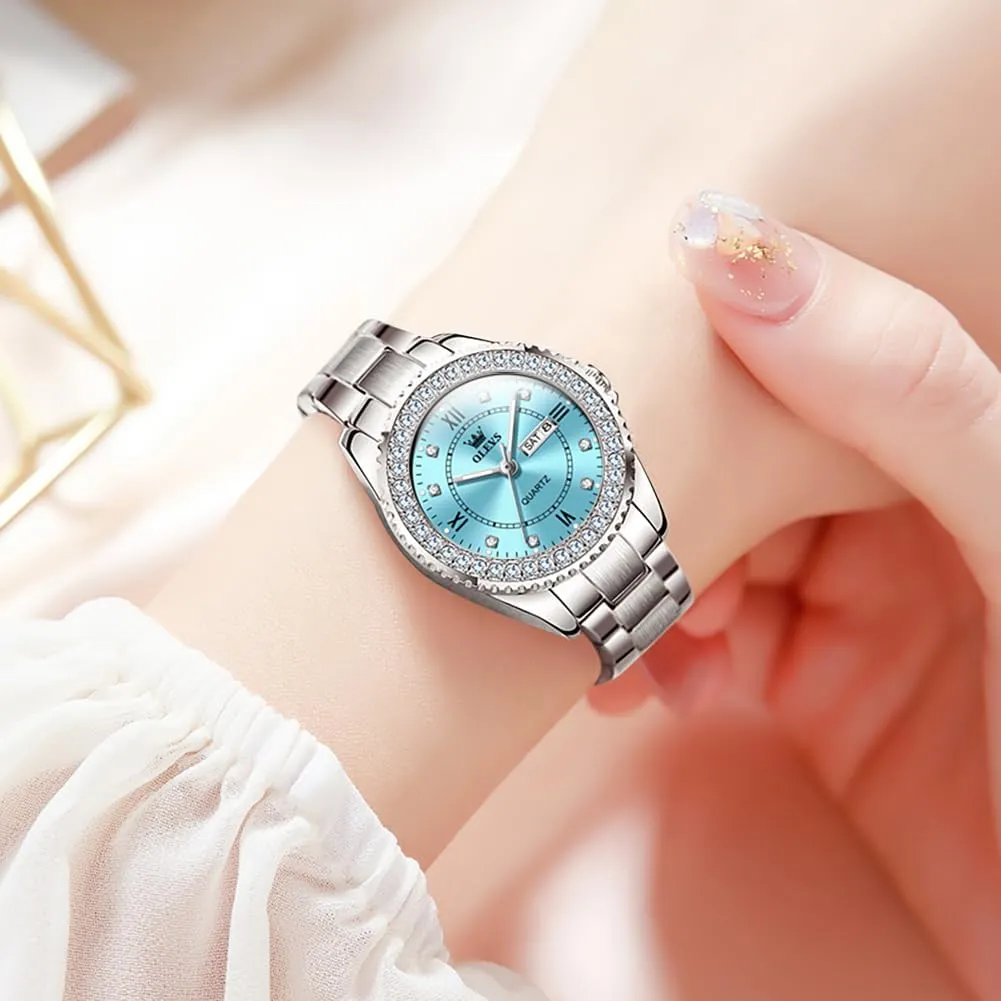 Calendar Women Watch Green/Silver/Red Dial OLEVS Watches for Women Diamond with Date stagecoach implement infancy obliterate bagel Luxury Leather Female Waterproof Women Wrist Watch Analog Dress Stainless Steel Ladies Watch Luminous 