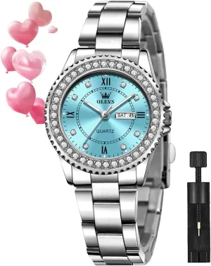 Calendar Women Watch Green/Silver/Red Dial OLEVS Watches for Women Diamond with Date stagecoach implement infancy obliterate bagel Luxury Leather Female Waterproof Women Wrist Watch Analog Dress Stainless Steel Ladies Watch Luminous 