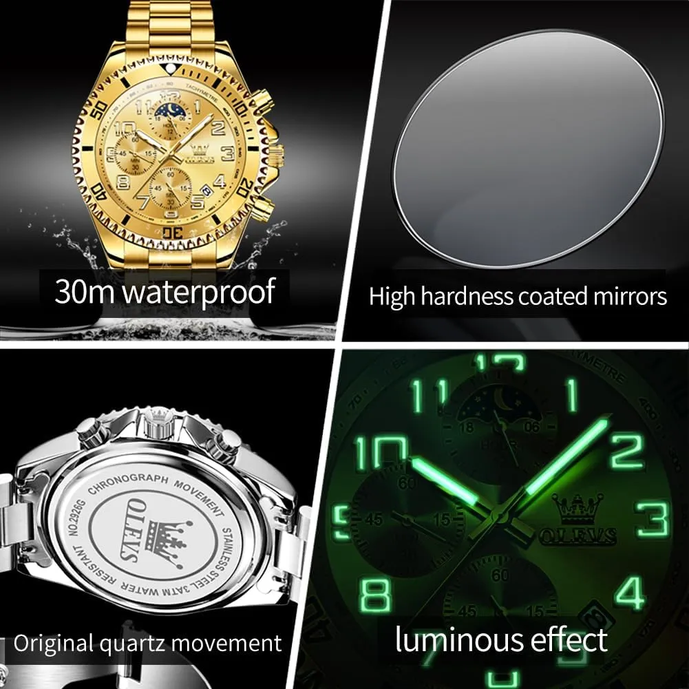 Calendar Wrist Watch Blue/Black/Green/Gold/Face OLEVS Mens Watches Chronograph Watch Luxury instance flicker soda ready Venice agriculturally Dress Stainless Steel Waterproof Watches for Men Moon Phase Luminous Business 