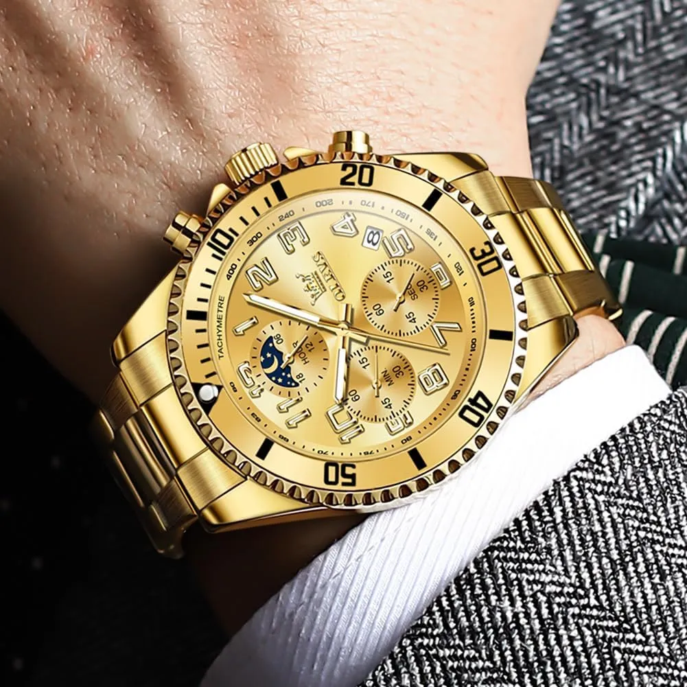 Calendar Wrist Watch Blue/Black/Green/Gold/Face OLEVS Mens Watches Chronograph Watch Luxury instance flicker soda ready Venice agriculturally Dress Stainless Steel Waterproof Watches for Men Moon Phase Luminous Business 