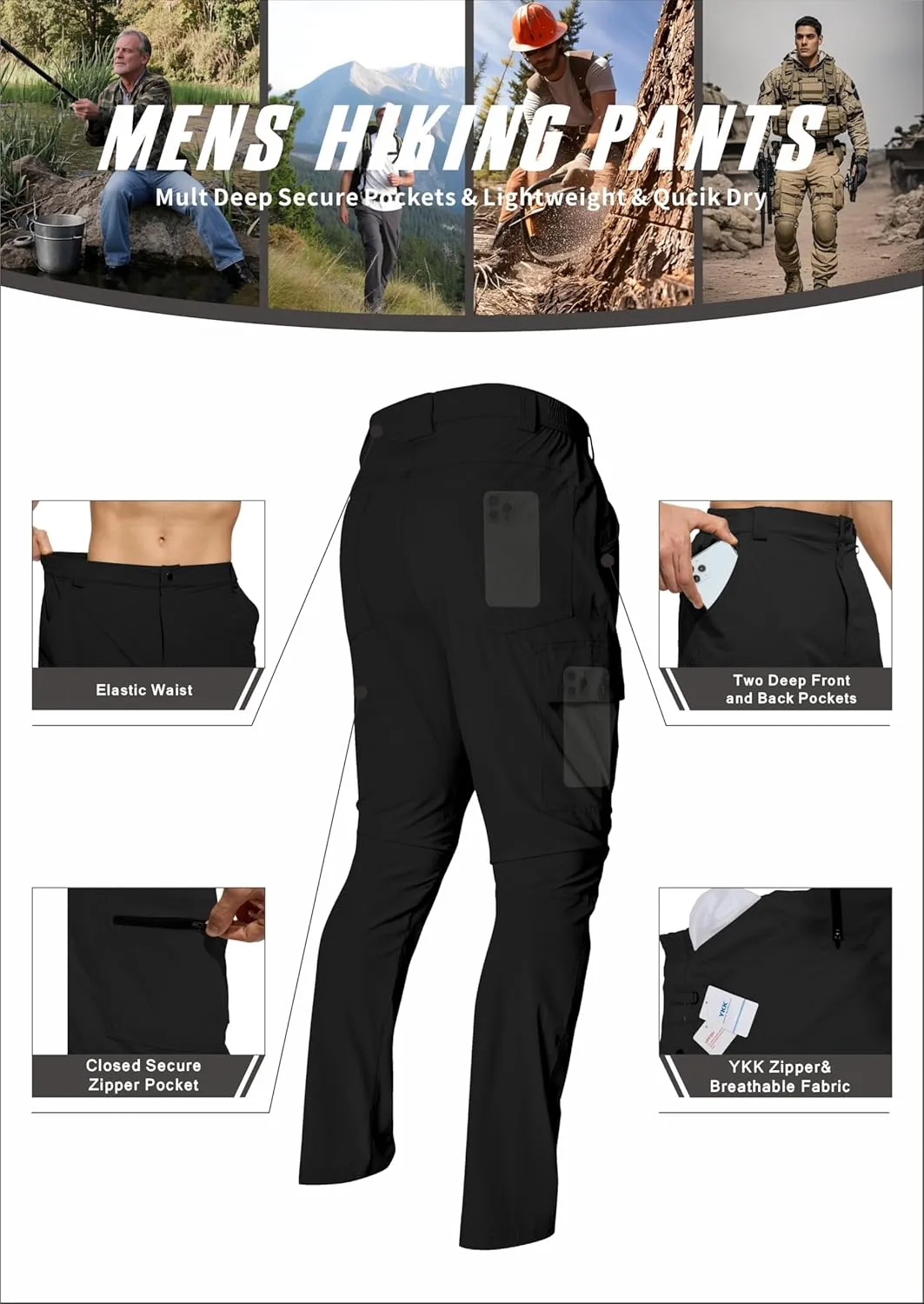 Camping Fishing diligent Mens Work Pants Outdoor Men's Lightweight Hiking Cargo Pants Waterproof Quick Dry Travel Climbing 