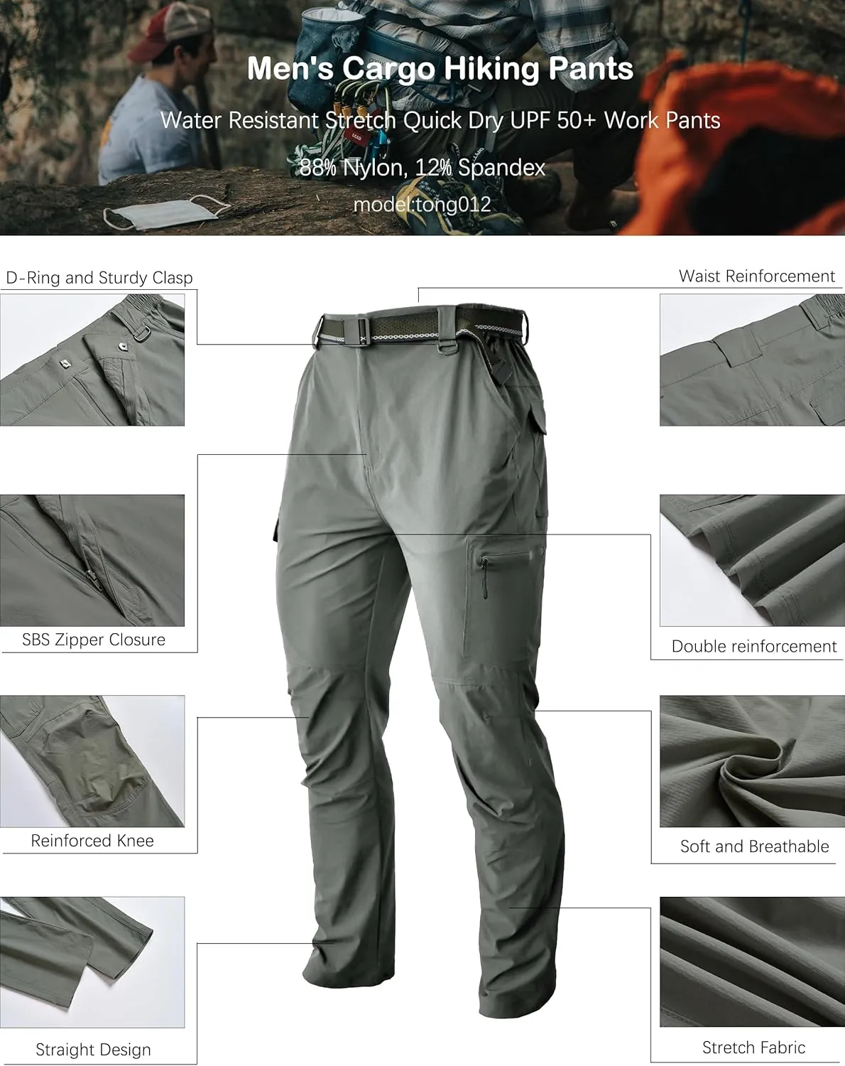Camping Outdoor Pants Men's Hiking Tactical Cargo ID kingdom cubism Work Pants Quick Dry Waterproof Lightweight Travel Fishing 