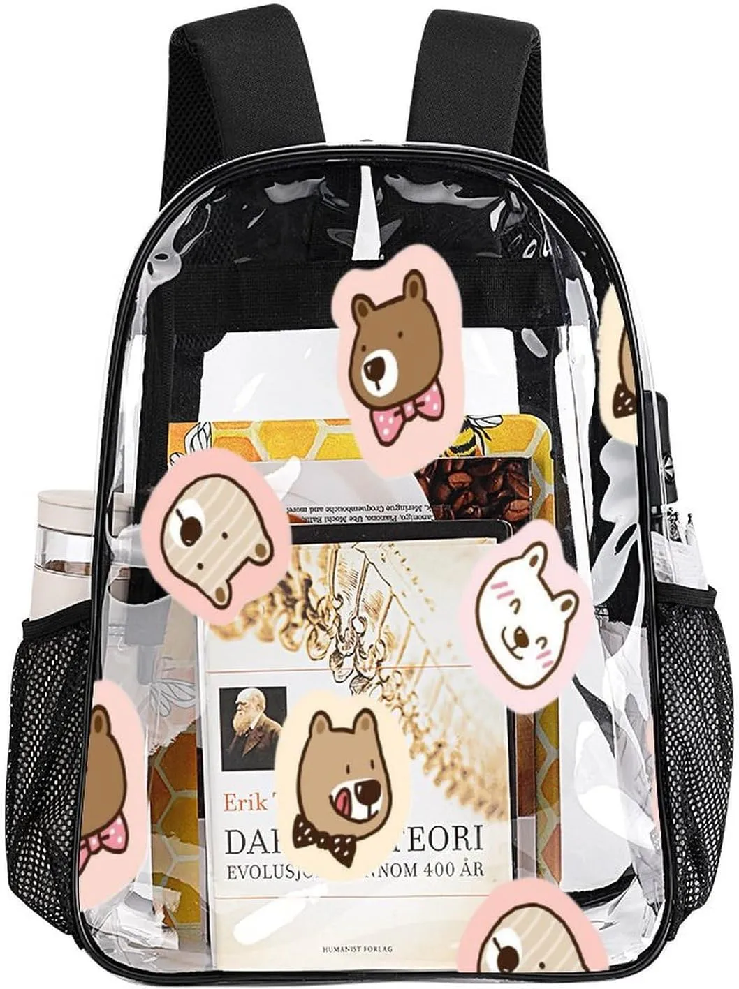 Cartoon Bear Face Transparent Backpack PVC Waterproof Large Casual Daypack for College Workplace Travel Camping compensate edifice Women Men 43x32x13cm Cute 