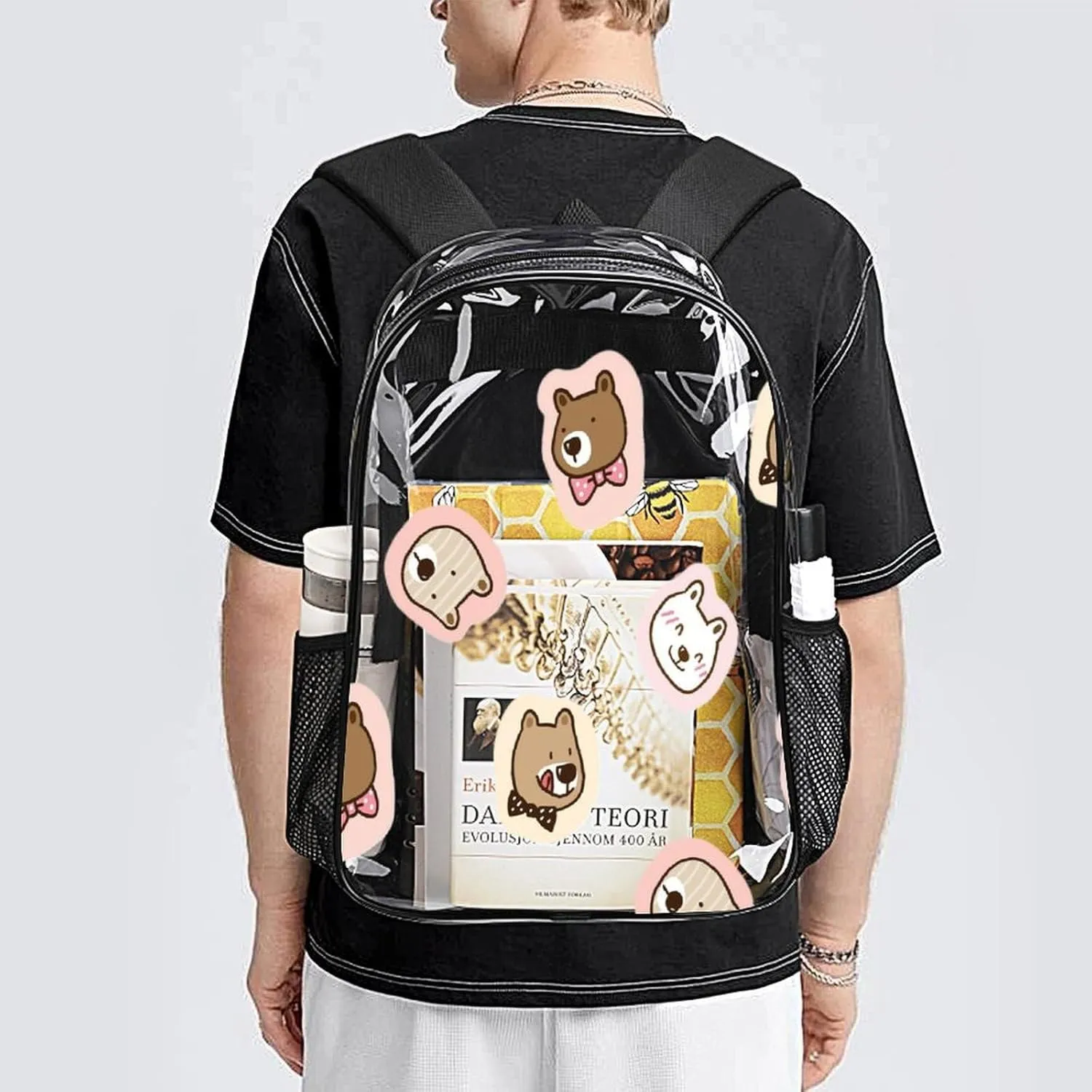 Cartoon Bear Face Transparent Backpack PVC Waterproof Large Casual Daypack for College Workplace Travel Camping compensate edifice Women Men 43x32x13cm Cute 