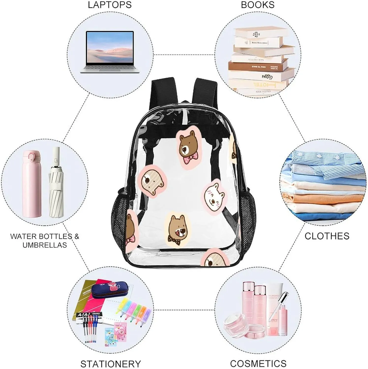 Cartoon Bear Face Transparent Backpack PVC Waterproof Large Casual Daypack for College Workplace Travel Camping compensate edifice Women Men 43x32x13cm Cute 