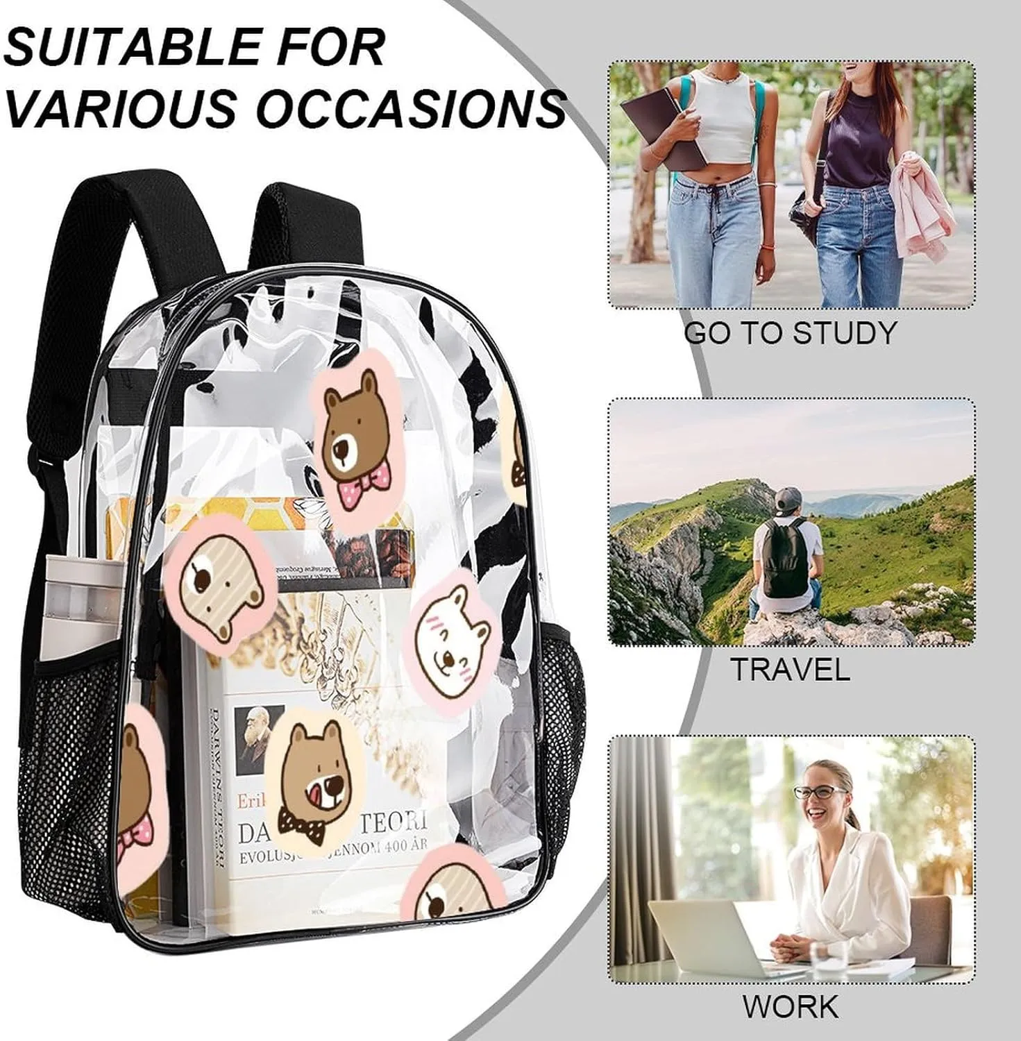Cartoon Bear Face Transparent Backpack PVC Waterproof Large Casual Daypack for College Workplace Travel Camping compensate edifice Women Men 43x32x13cm Cute 