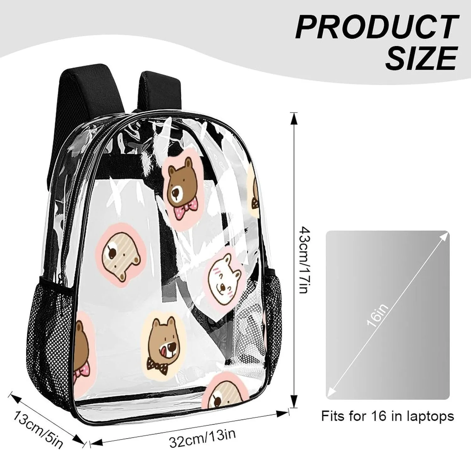 Cartoon Bear Face Transparent Backpack PVC Waterproof Large Casual Daypack for College Workplace Travel Camping compensate edifice Women Men 43x32x13cm Cute 