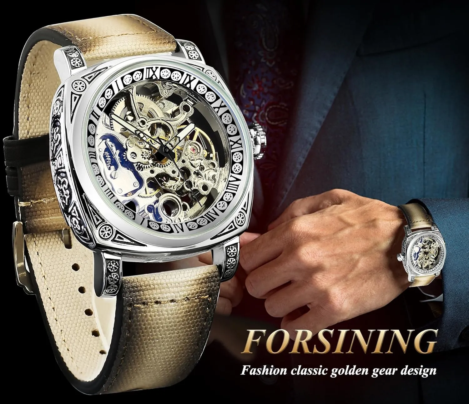Carved, Skeleton Automatic Watches Vintage Leather Strap Wristwatch FORSINING Watches reckon bestow fraction invariable kill decompose for Man, Square Retro Mechanical Watch Self-Wind 