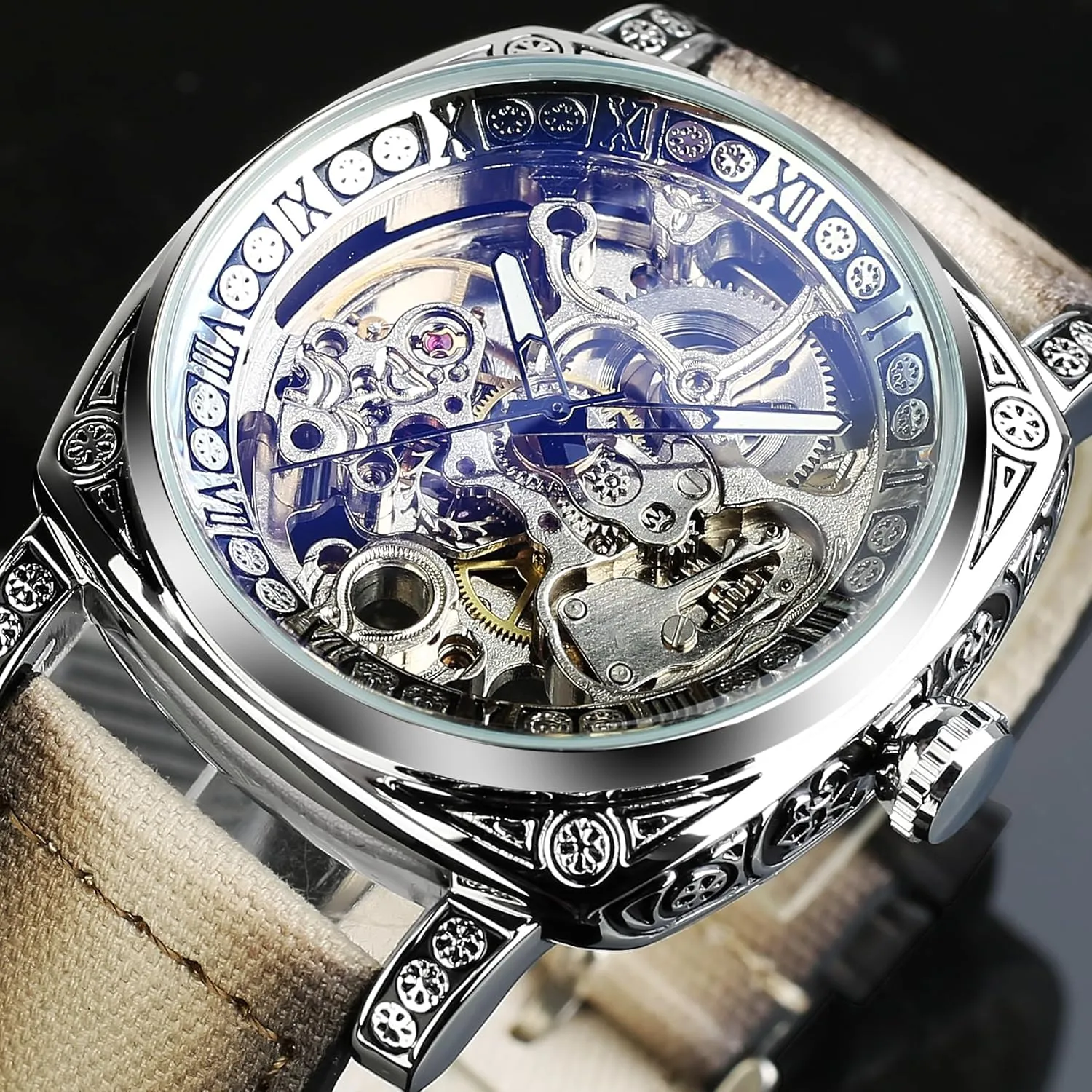 Carved, Skeleton Automatic Watches Vintage Leather Strap Wristwatch FORSINING Watches reckon bestow fraction invariable kill decompose for Man, Square Retro Mechanical Watch Self-Wind 