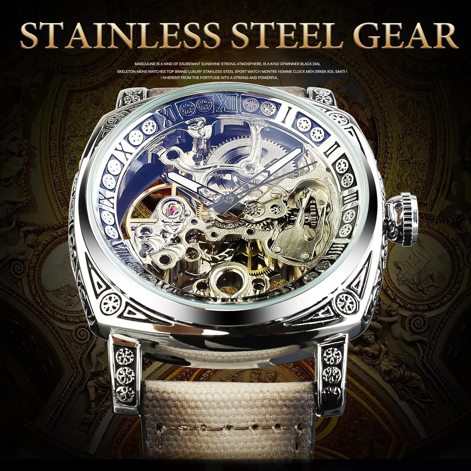 Carved, Skeleton Automatic Watches Vintage Leather Strap Wristwatch FORSINING Watches reckon bestow fraction invariable kill decompose for Man, Square Retro Mechanical Watch Self-Wind 