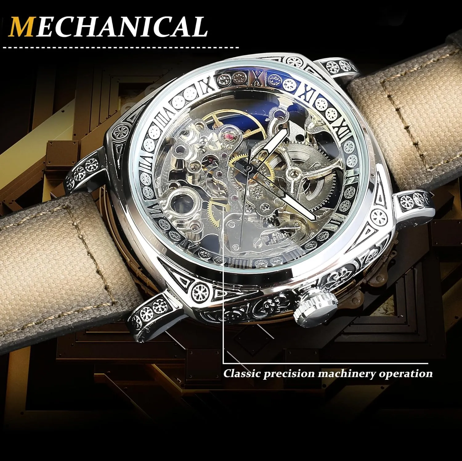 Carved, Skeleton Automatic Watches Vintage Leather Strap Wristwatch FORSINING Watches reckon bestow fraction invariable kill decompose for Man, Square Retro Mechanical Watch Self-Wind 