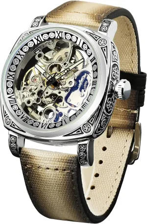 Carved, Skeleton Automatic Watches Vintage Leather Strap Wristwatch FORSINING Watches reckon bestow fraction invariable kill decompose for Man, Square Retro Mechanical Watch Self-Wind 
