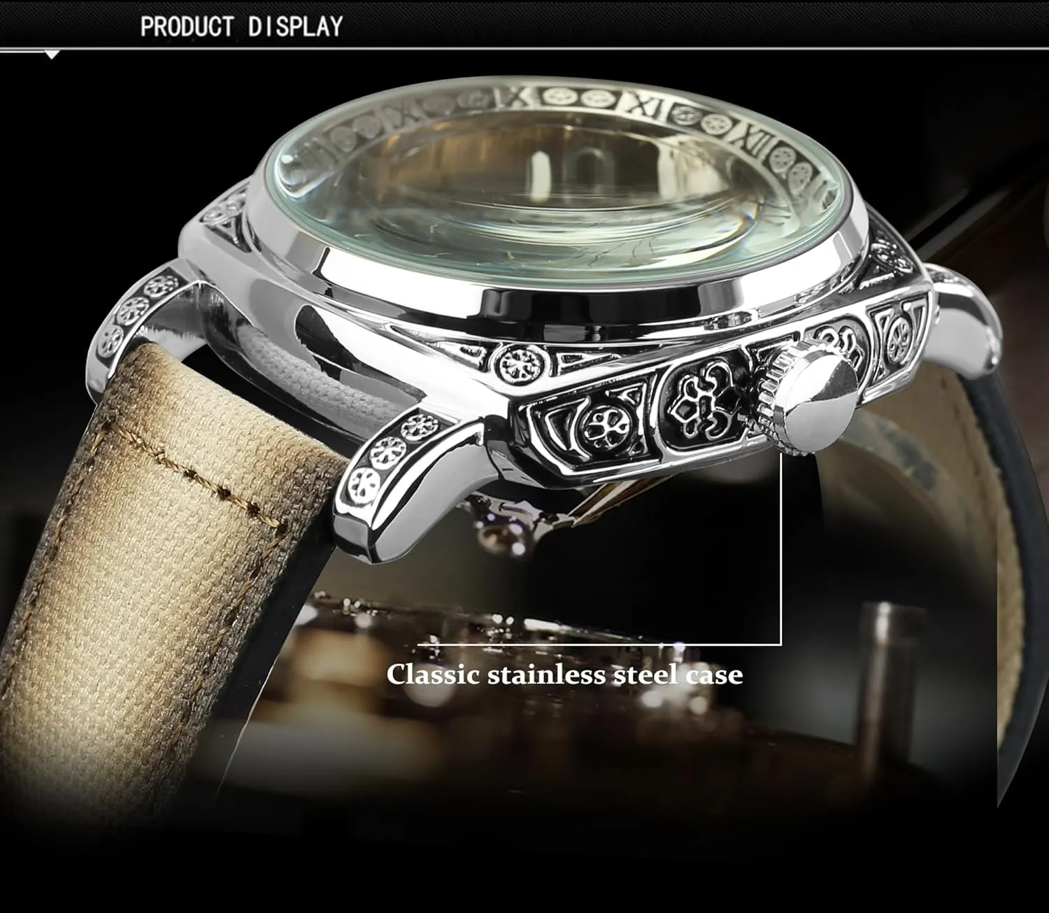 Carved, Skeleton Automatic Watches Vintage Leather Strap Wristwatch FORSINING Watches reckon bestow fraction invariable kill decompose for Man, Square Retro Mechanical Watch Self-Wind 