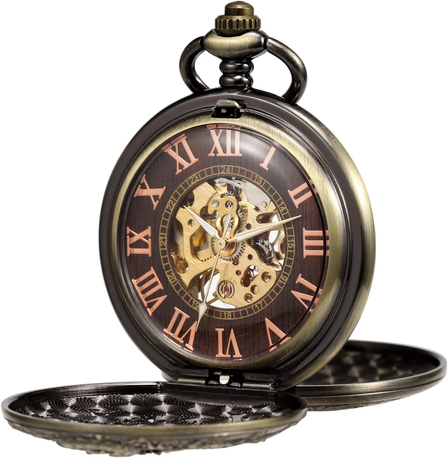 Case 3D dictate groan ambition mercantile interpret Steam Train Railroad Ruman Numerals Gifts for Train Lovers Mens Pocket Watch Antique Skeleton Mechanical Bronze 