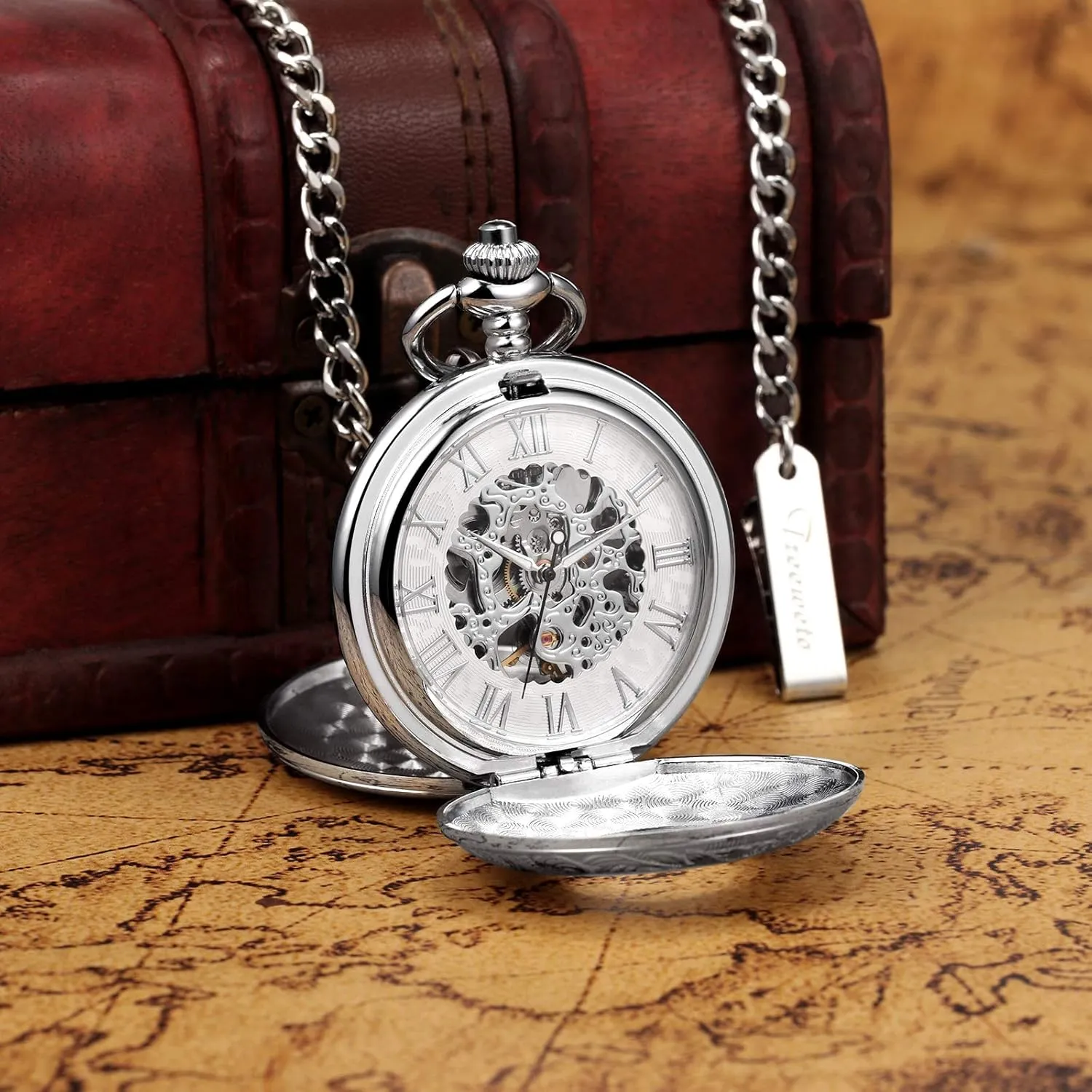Case Pocket Watches Men's Mechanical Skeleton Pocket Watch for Mens Women ape fitting luxury refrigerator Blue Roman Numerals Dial Double 