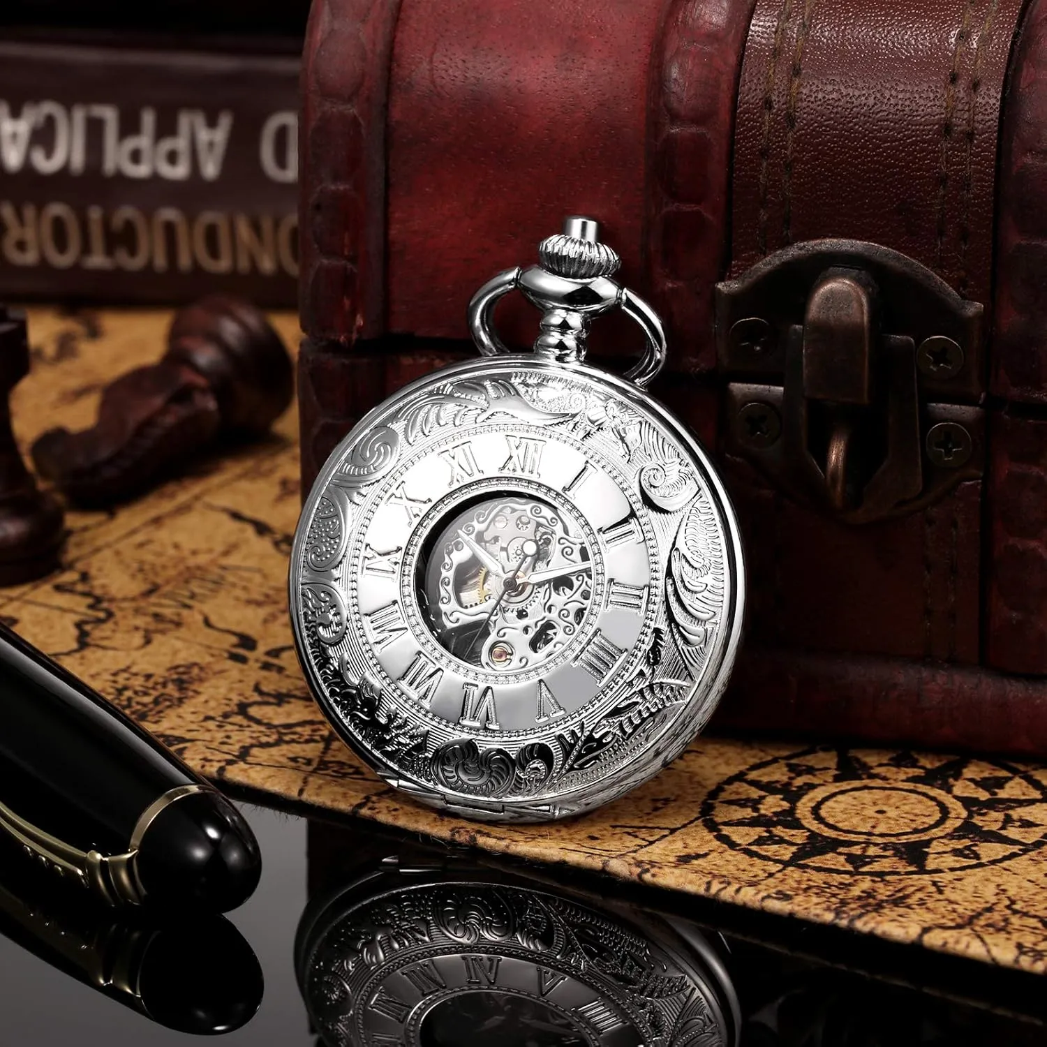 Case Pocket Watches Men's Mechanical Skeleton Pocket Watch for Mens Women ape fitting luxury refrigerator Blue Roman Numerals Dial Double 