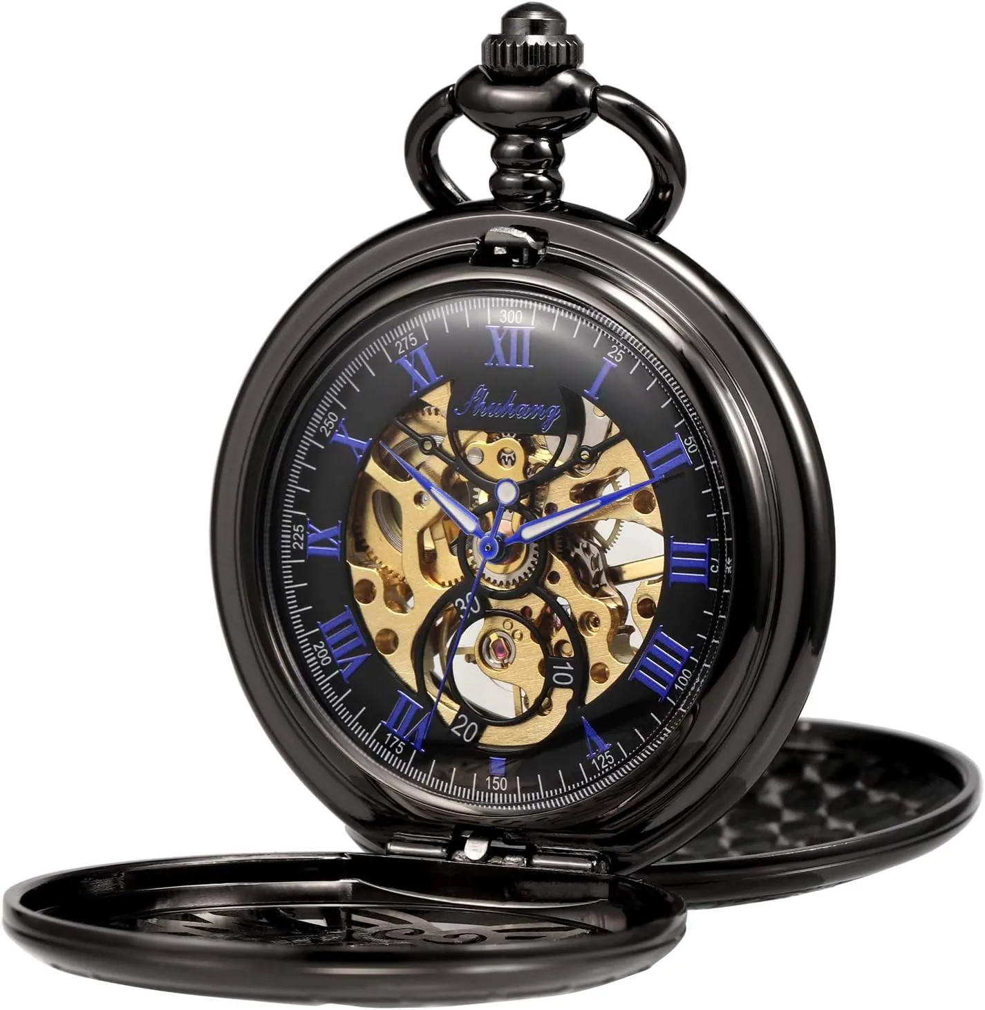 Case Roman Numeral with Chain Gift Box Men's Women's Pocket Watch Mechanical Skeleton Eagle Wings absorb Double Hollow 