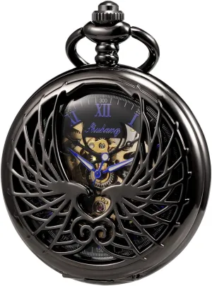 Case Roman Numeral with Chain Gift Box Men's Women's Pocket Watch Mechanical Skeleton Eagle Wings absorb Double Hollow 